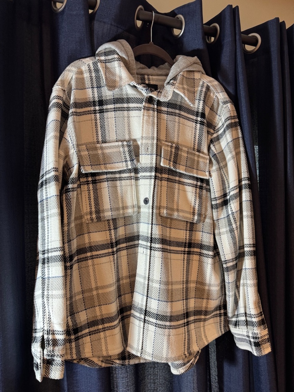 Zara Cream and Black Plaid Hooded Shacket with Blue Accents